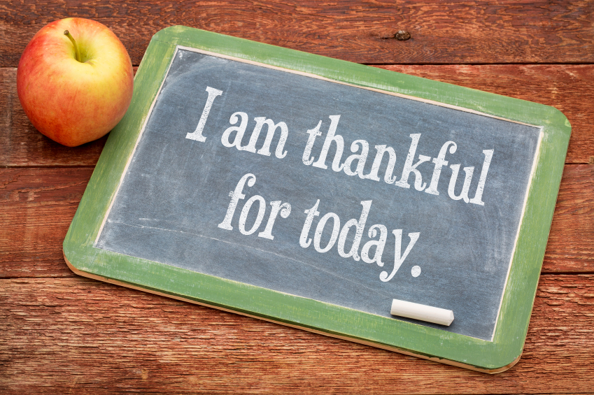 I am thankful for today - positive words on a slate blackboard against red barn wood